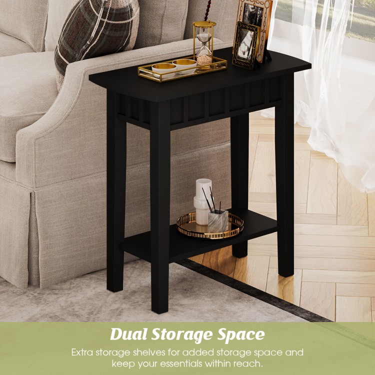 Narrow black wood end table with dual storage shelves, perfect for small spaces and versatile use in any room.